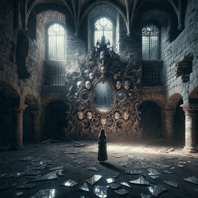 The primary subject of the image is a woman standing in a large, dark room with a high ceiling. The room features a large mirror on the wall, and there are several windows in the background. The setting appears to be a church or a similar architectural structure. The visual style of the image is a combination of photo and digital art, creating a dramatic and moody atmosphere. The dominant colors in the image are dark shades, such as black, gray, and brown, which contribute to the overall mood of the scene.